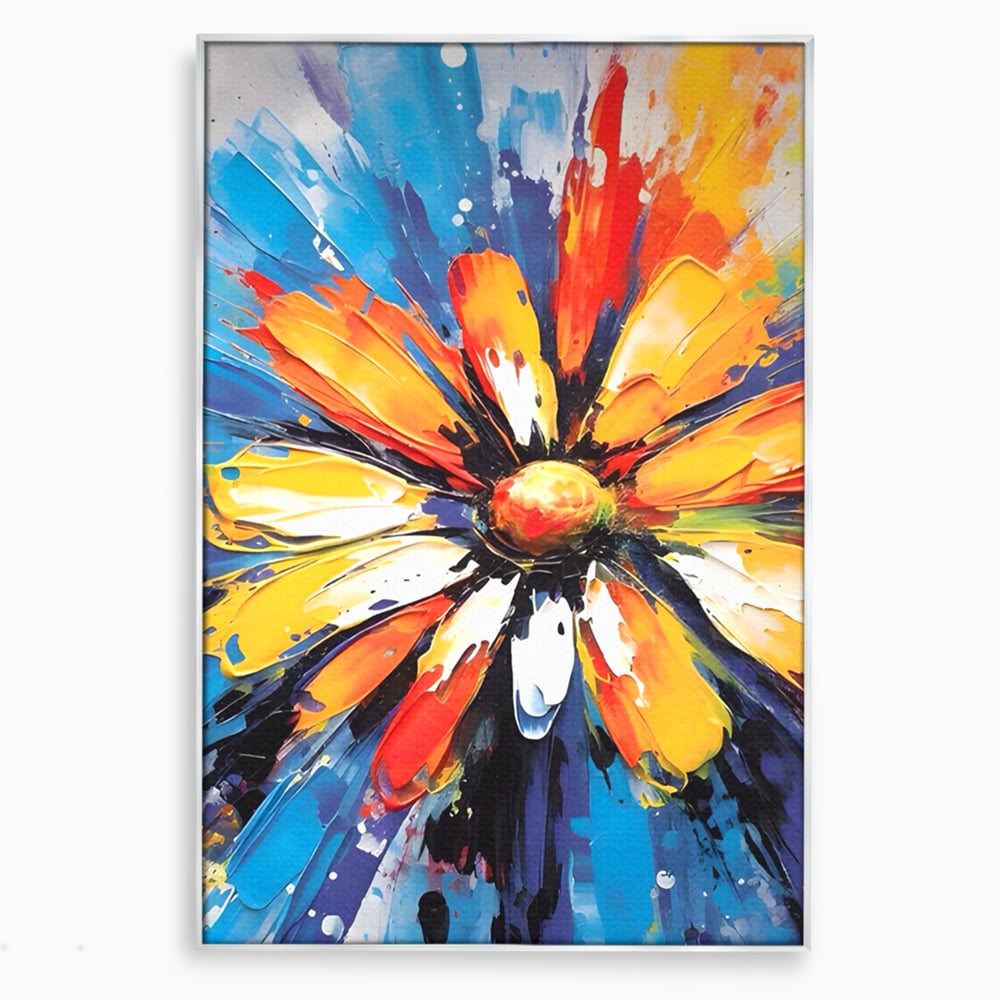Tablou canvas cu pictura abstracta cu floare colorata, in rama de aluminiu argintiu